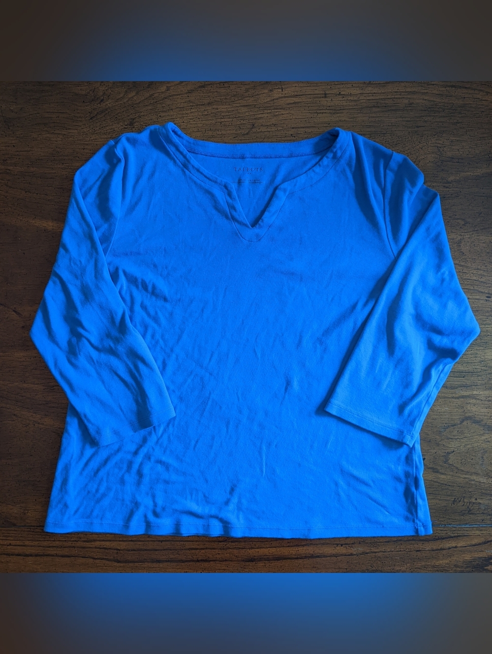 Talbots Vibrant Blue 100% Cotton 3/4 Sleeve V-Neck Top